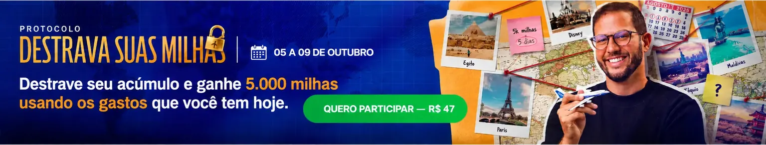 Protocolo Destrave suas Milhas, com Rodrigo Góes. Evento online de 5 dias, de 5 a 9 de outubro de 2026, por R$ 47.